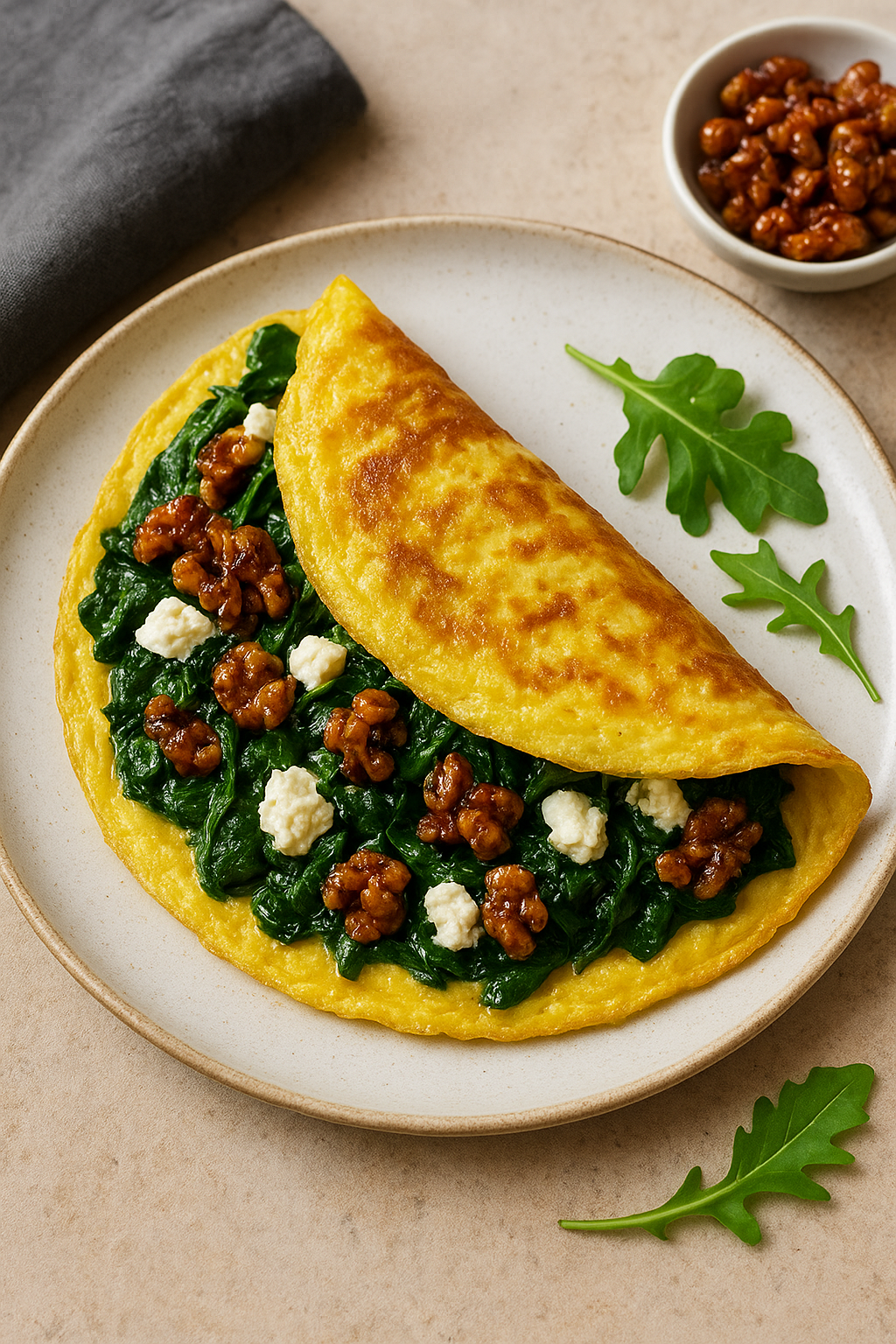 OMELETTE AUX ÉPINARDS, FROMAGE DE CHÈVRE ET NOIX CARAMÉLISÉES