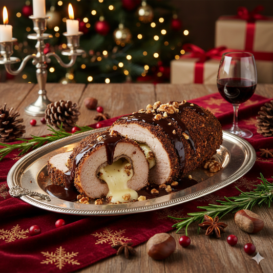 FILET DE PORC EN CROÛTE DE PAIN D’ÉPICES & CAFÉ, FARCI AU BRIE ET NOIX, SAUCE CHOCOLAT–PORTO